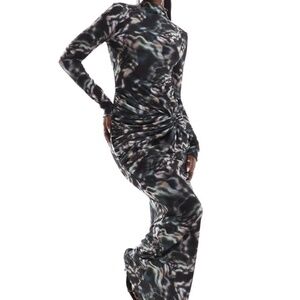 ASOS DESIGN long sleeve mesh maxi dress with ruching in dark abstract print